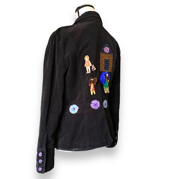 Reworked Embellished Corduroy Jacket Sz S/M Black Purple Flowers Doll People - Picture 5 of 13